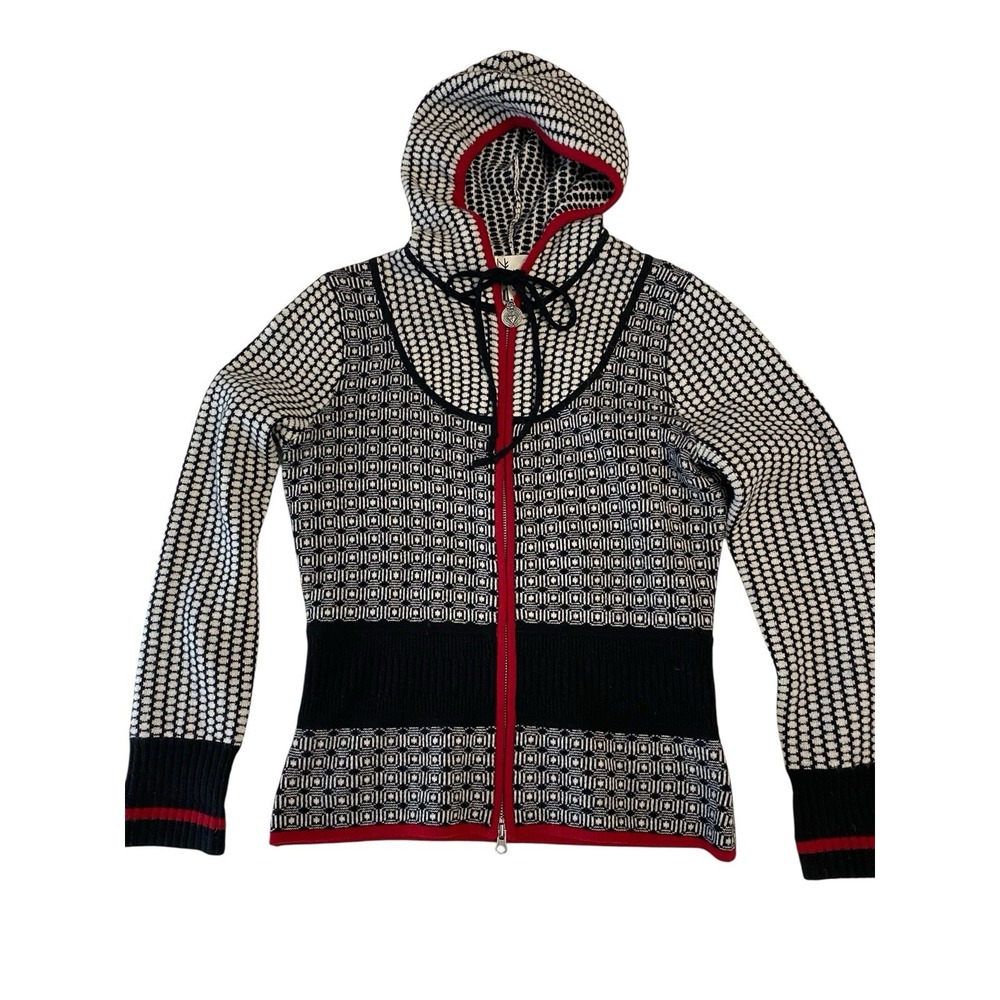 Neve Black White Red Hooded Full Zip Lambswool Nylon Cardigan Sweater M